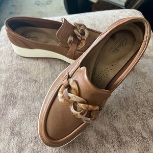 Clarks Tan Loafers with Chain Accent